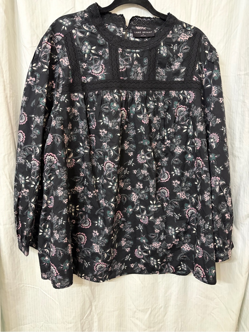 Lane Bryant Black Floral Lace-Yoke Peasant Blouse